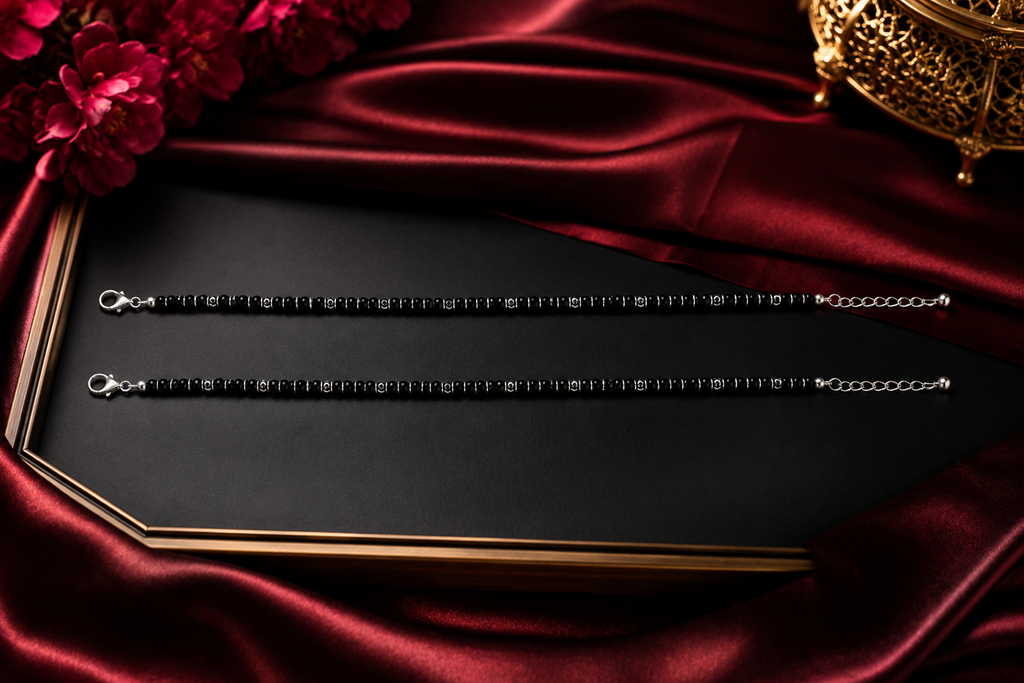 925 Sterling Silver Black Beaded Anklet Pair for Women