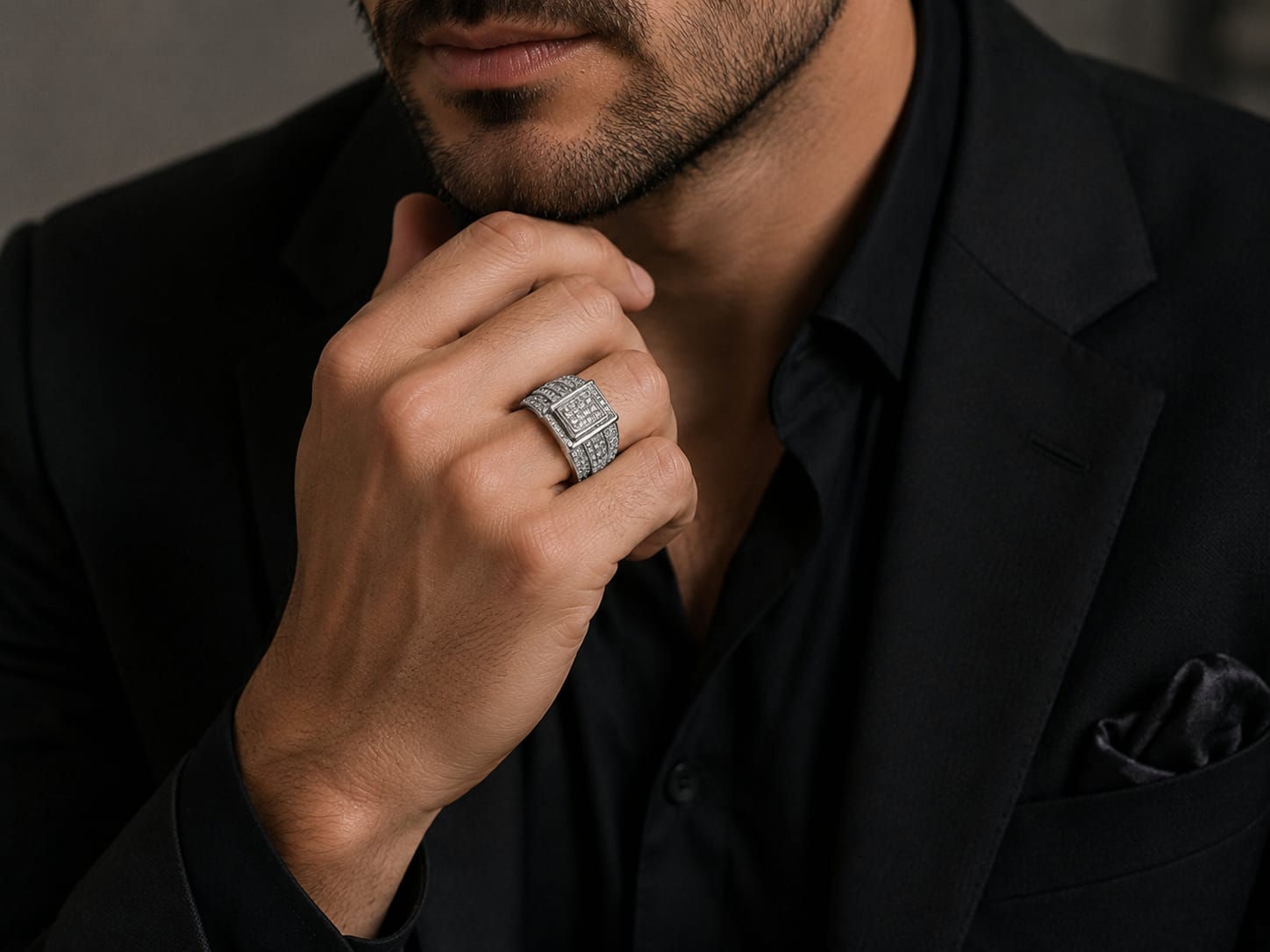 Luxury Iced-Out Square Signet Ring – Silver Tone Crystal Statement Ring