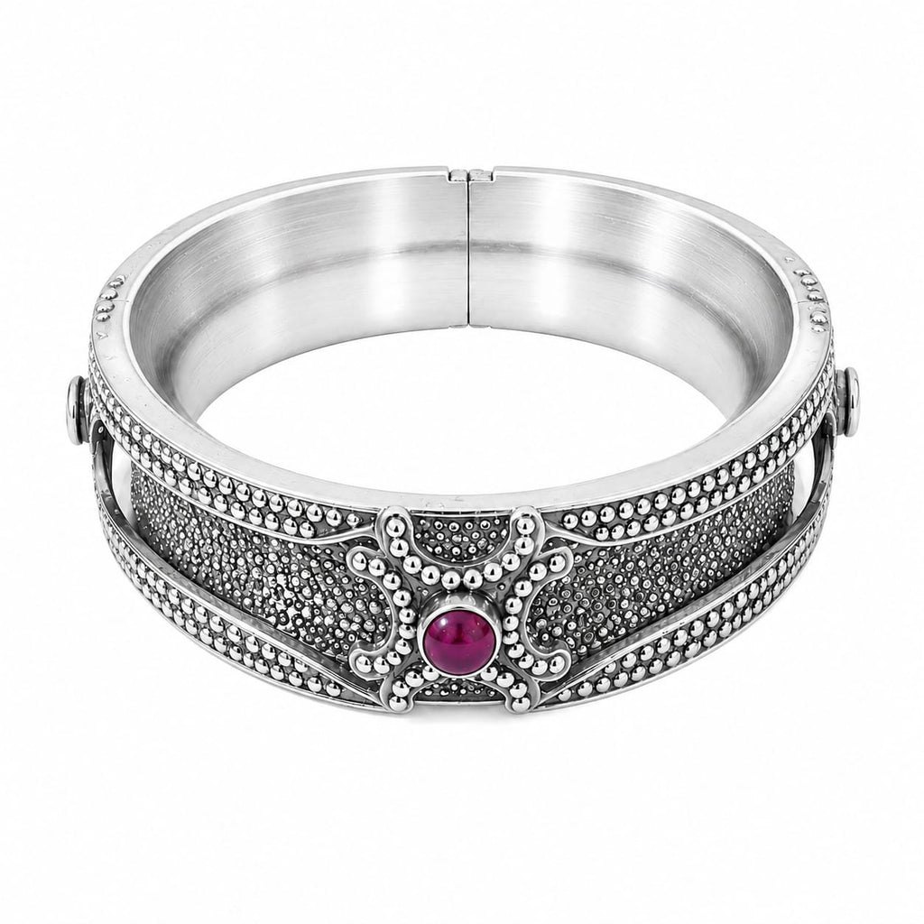 Kritharth Jewels Premium Oxidised Silver-Tone Kada Bracelet with Ruby-Red Stone