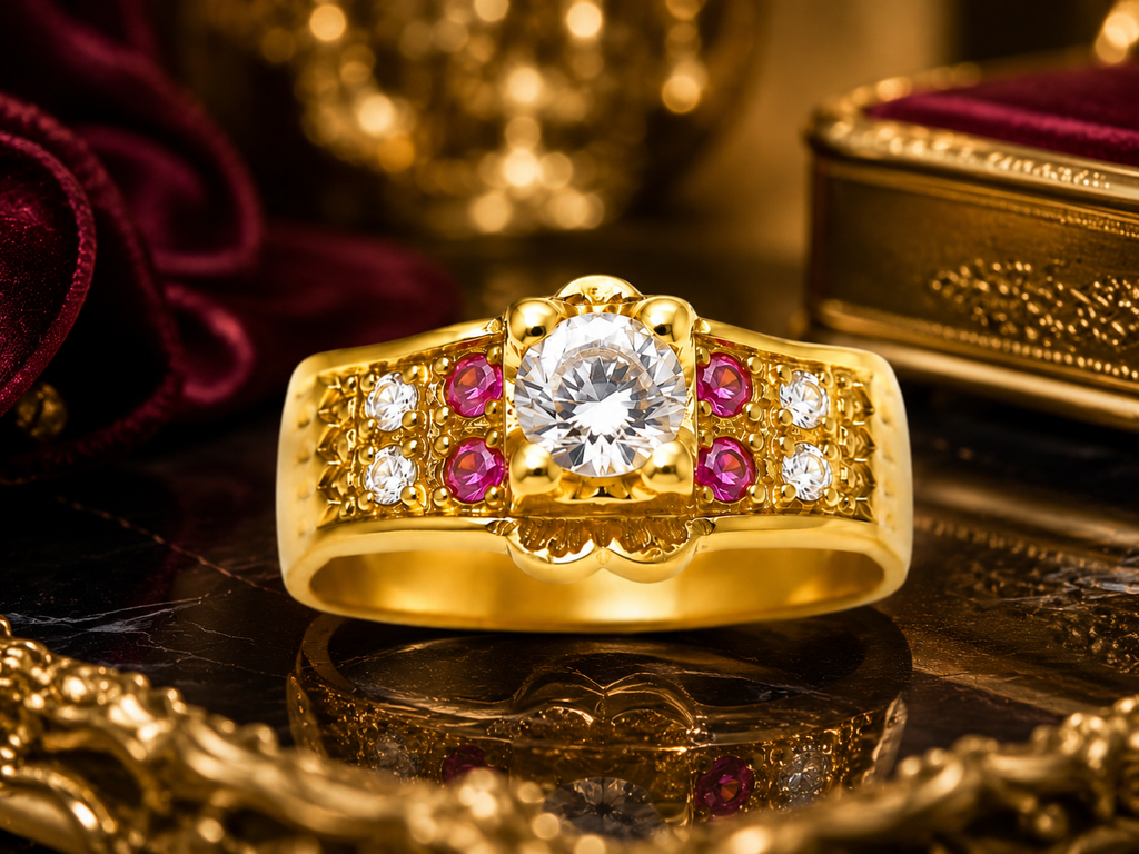 925 Sterling Silver Gold-Plated Ruby & CZ Solitaire Ring for Men