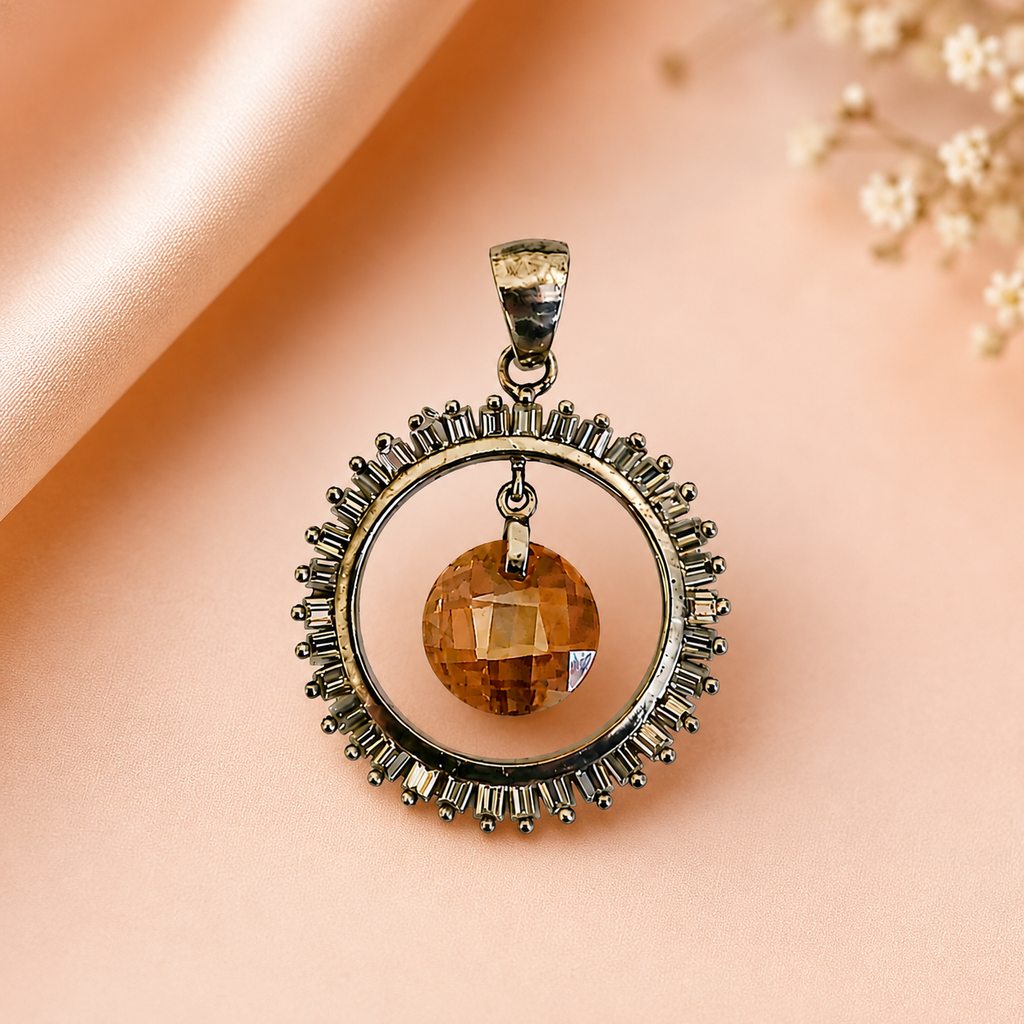 Radiant Amber Crystal Halo Pendant Necklace
