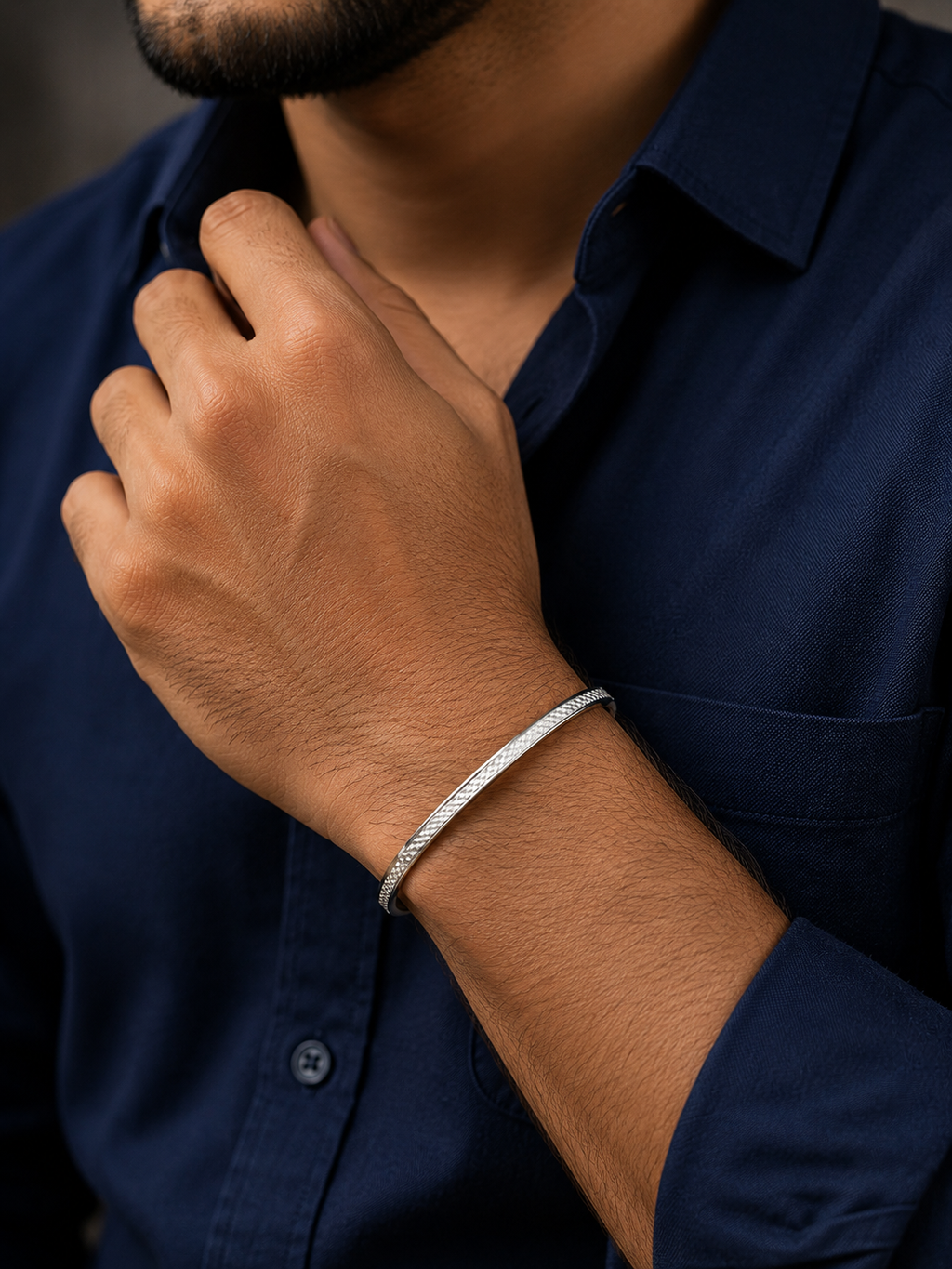 925 Sterling Silver Textured Bangle for Men