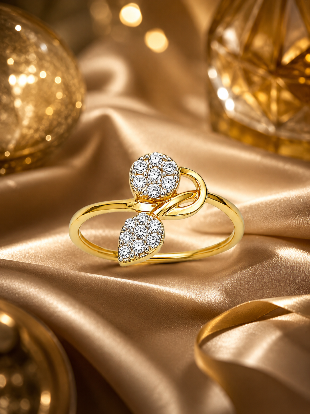 Elegant Dual Floral & Leaf CZ Gold Ring for Women