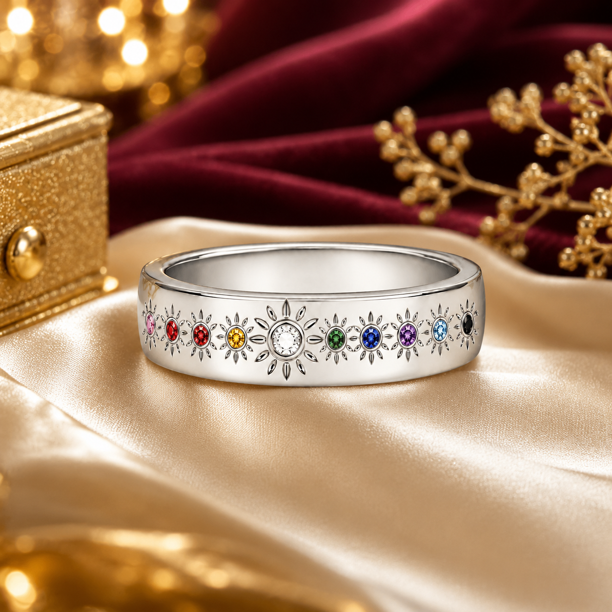 925 Sterling Silver Multi Birthstone Floral Band Ring for Women & Girls