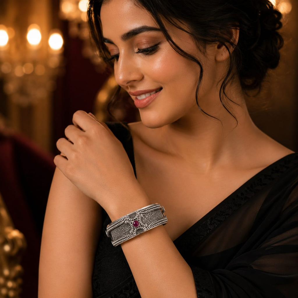Kritharth Jewels Premium Oxidised Silver-Tone Kada Bracelet with Ruby-Red Stone