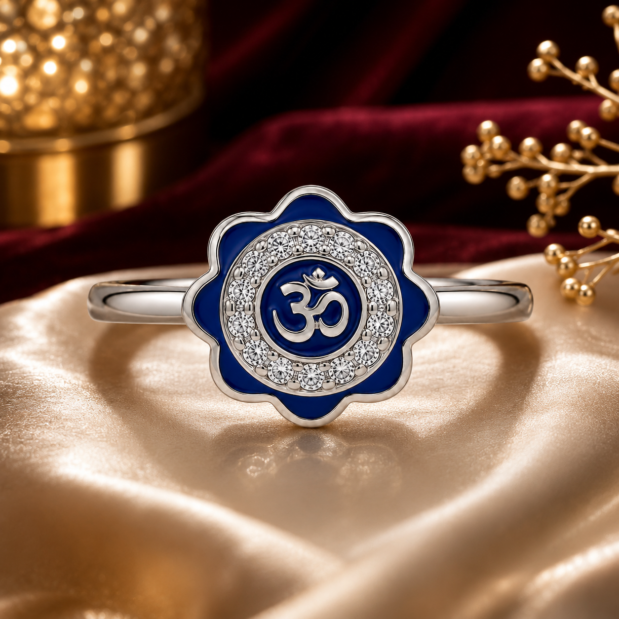 925 Sterling Silver Blue Om Flower Ring for Women