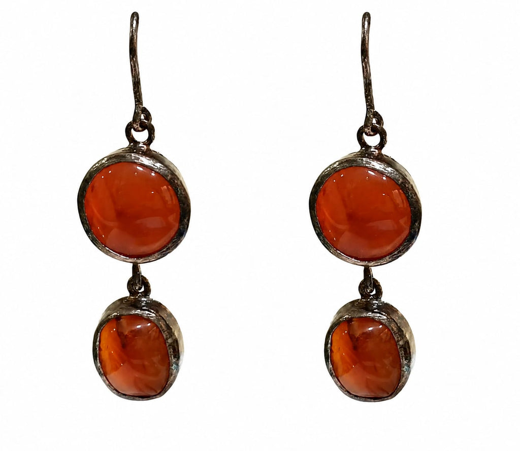 Rustic Carnelian Double-Drop Earrings in Oxidized Silver Finish
