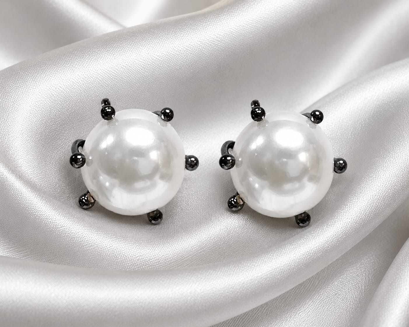 Classic Pearl Stud Earrings with Black-Tone Accents