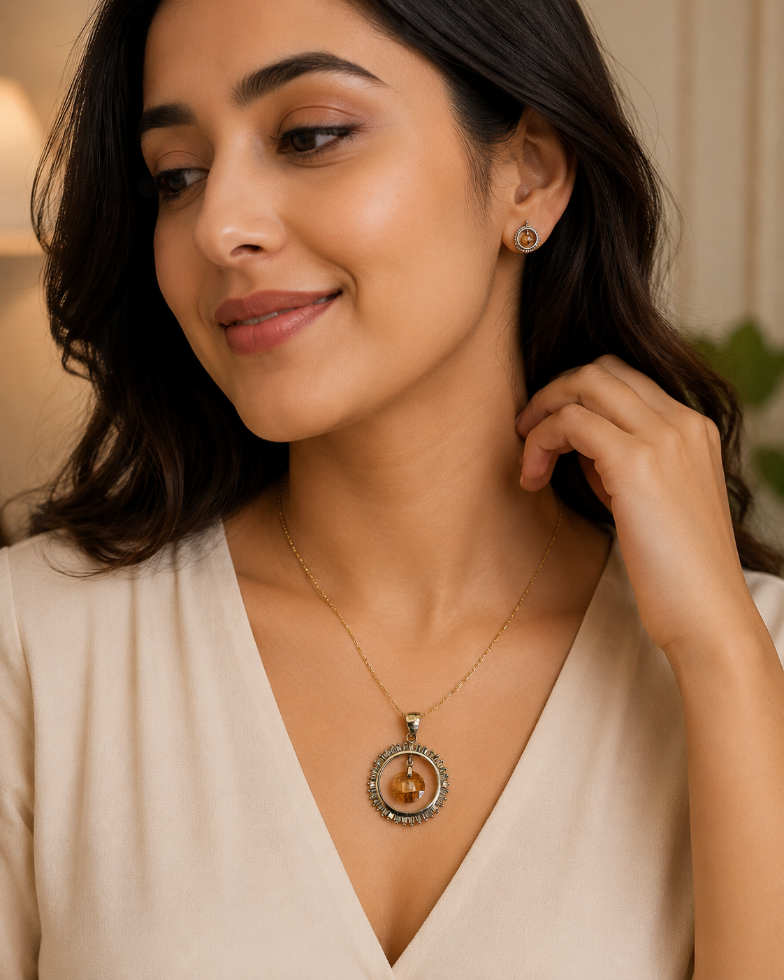 Radiant Amber Crystal Halo Pendant Necklace