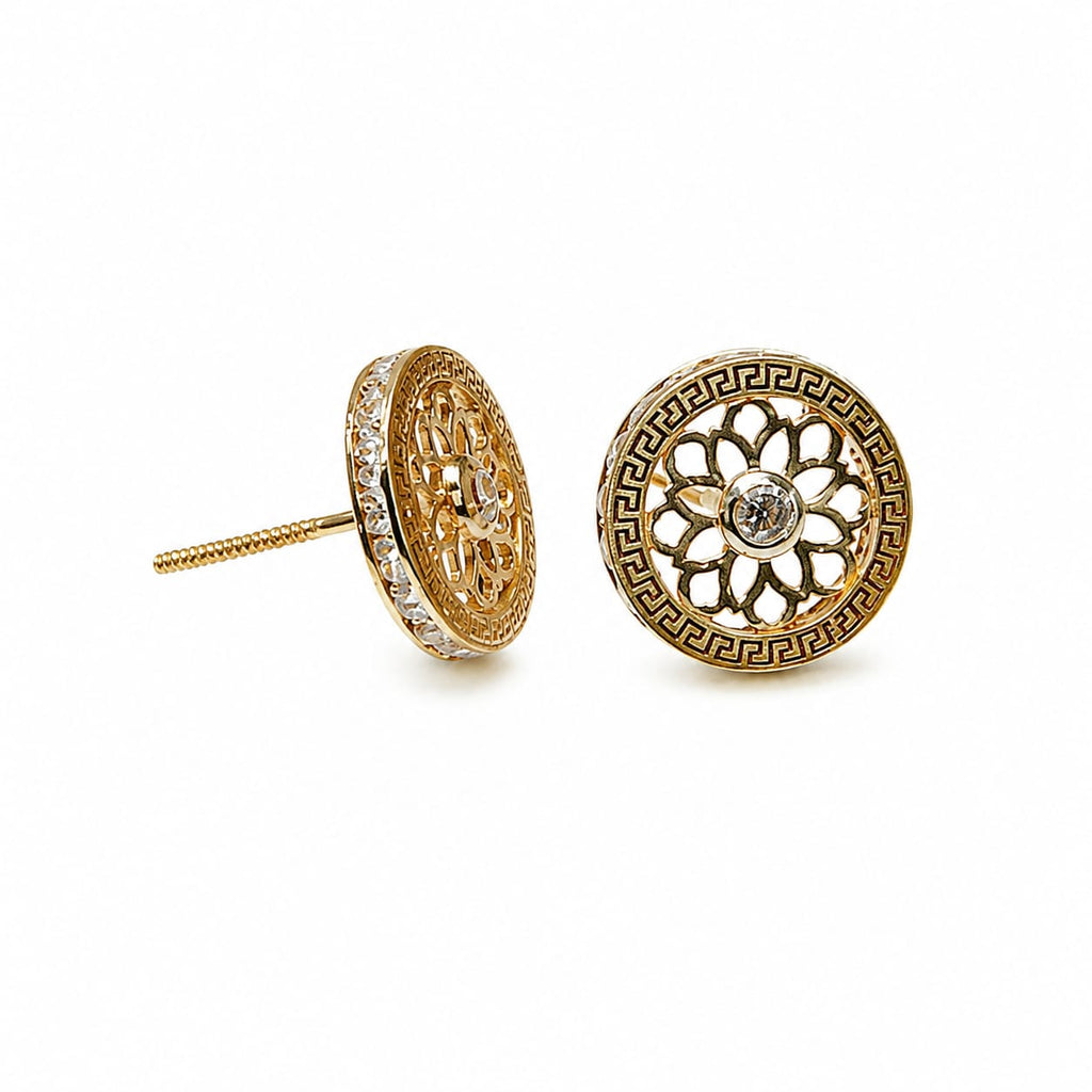 18K Gold  Floral Mandala Stud Earrings with Cubic Zirconia