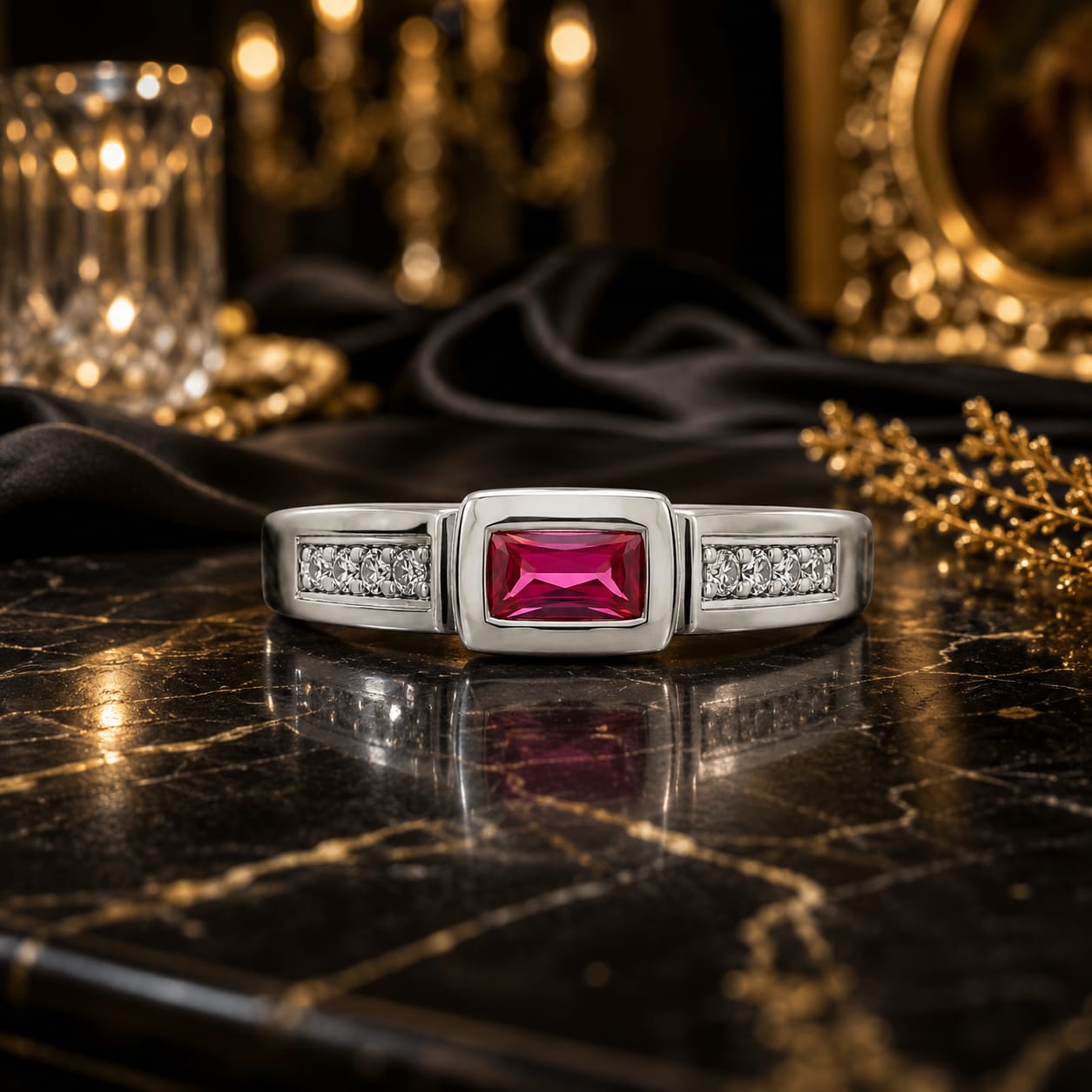 925 Sterling Silver Ruby Red Emerald Cut Ring for Women