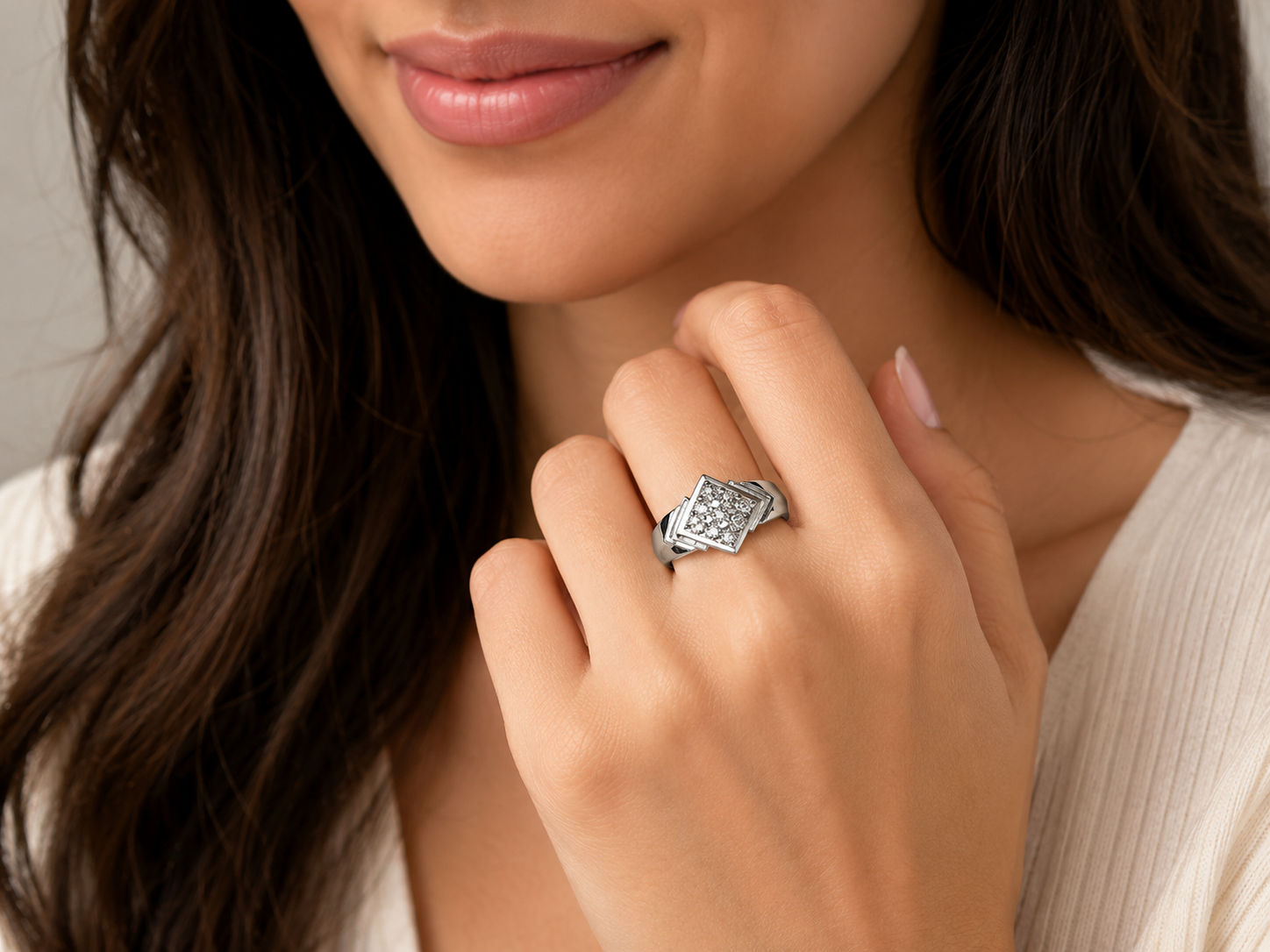 Radiant Geometric Diamond Cluster Ring – Silver Finish