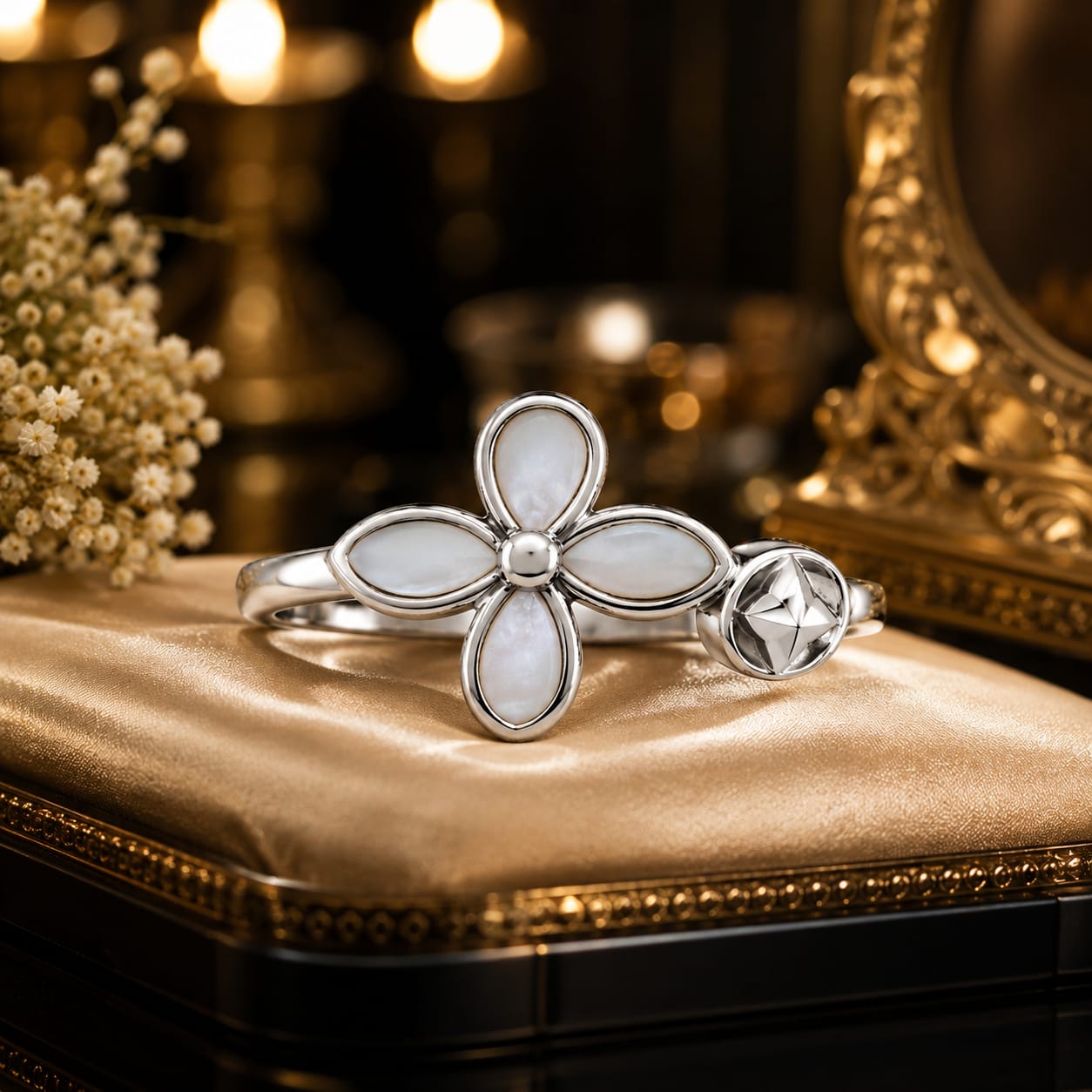 925 Sterling Silver Mother of Pearl Floral Ring for Women