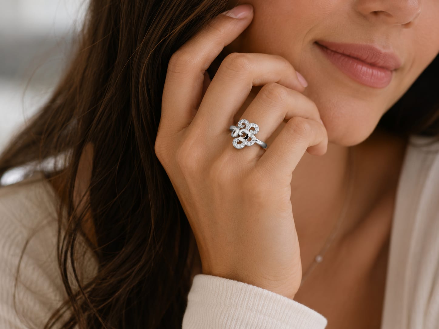 Silver Floral Swirl Adjustable Ring for Women | Elegant Crystal Statement Ring