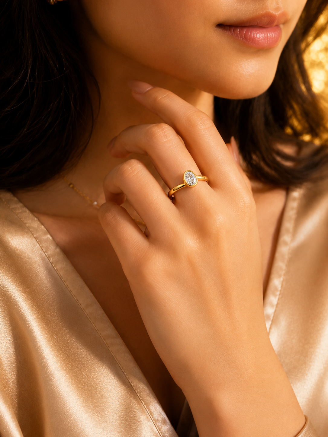 18K Gold Oval Solitaire Diamond Ring for Women