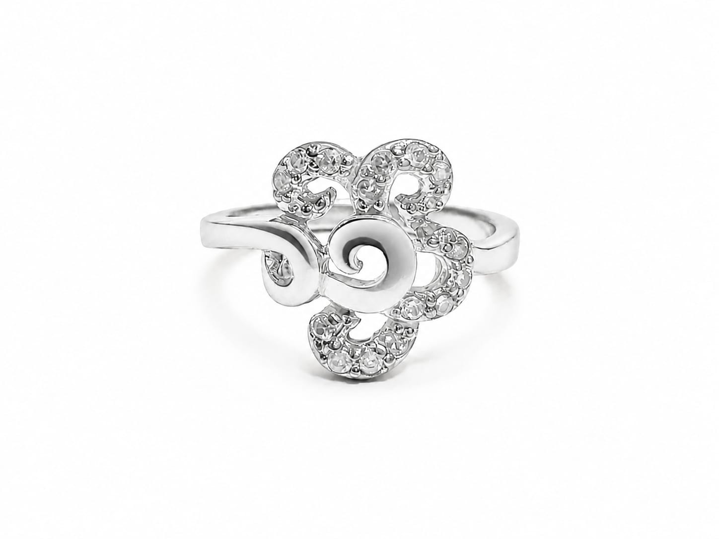Silver Floral Swirl Adjustable Ring for Women | Elegant Crystal Statement Ring