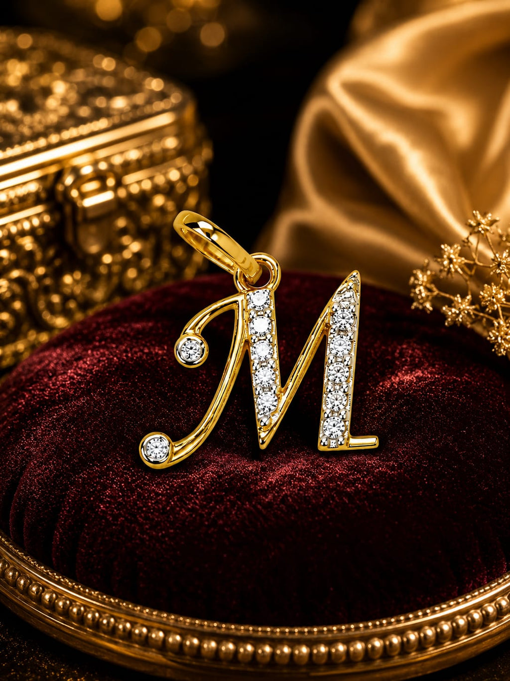 18K Gold Diamond Initial "M" Letter Pendant