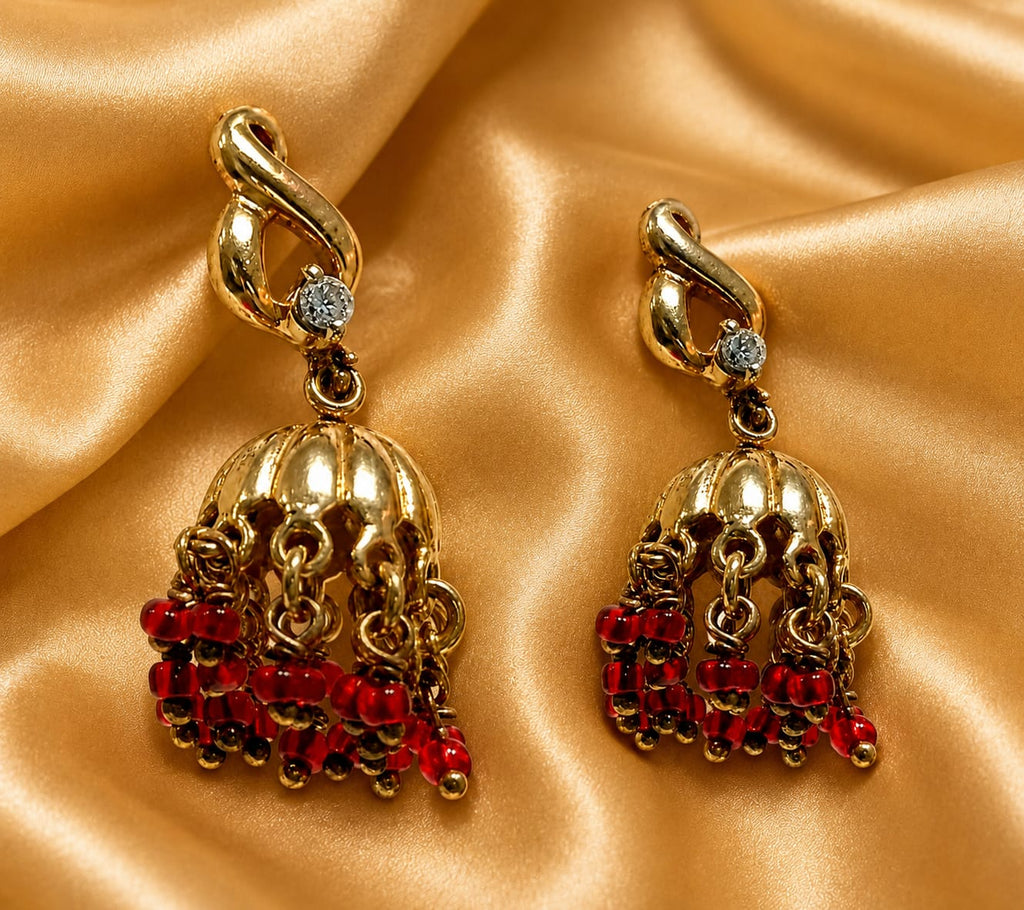 Ruby Red Beaded Gold-Tone Jhumka Earrings