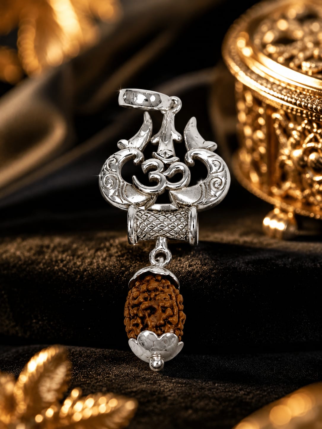 925 Sterling Silver Om Trishul Pendant with Natural Rudraksha