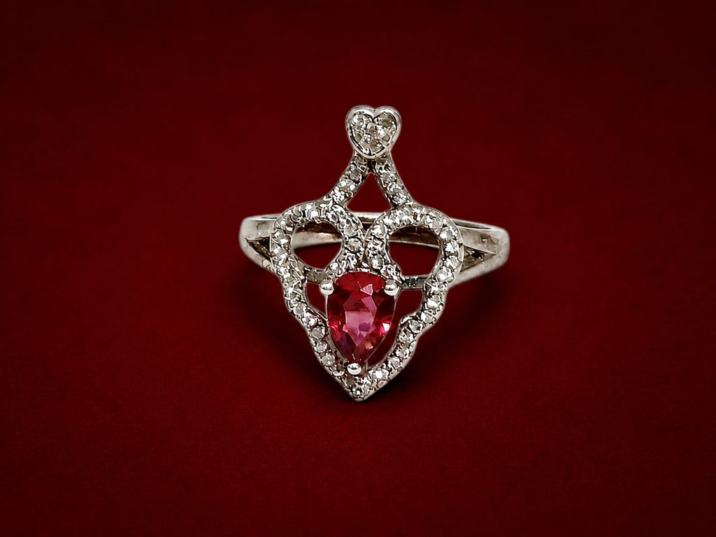 Ruby Heart Crown Ring – Silver Crystal Statement Ring