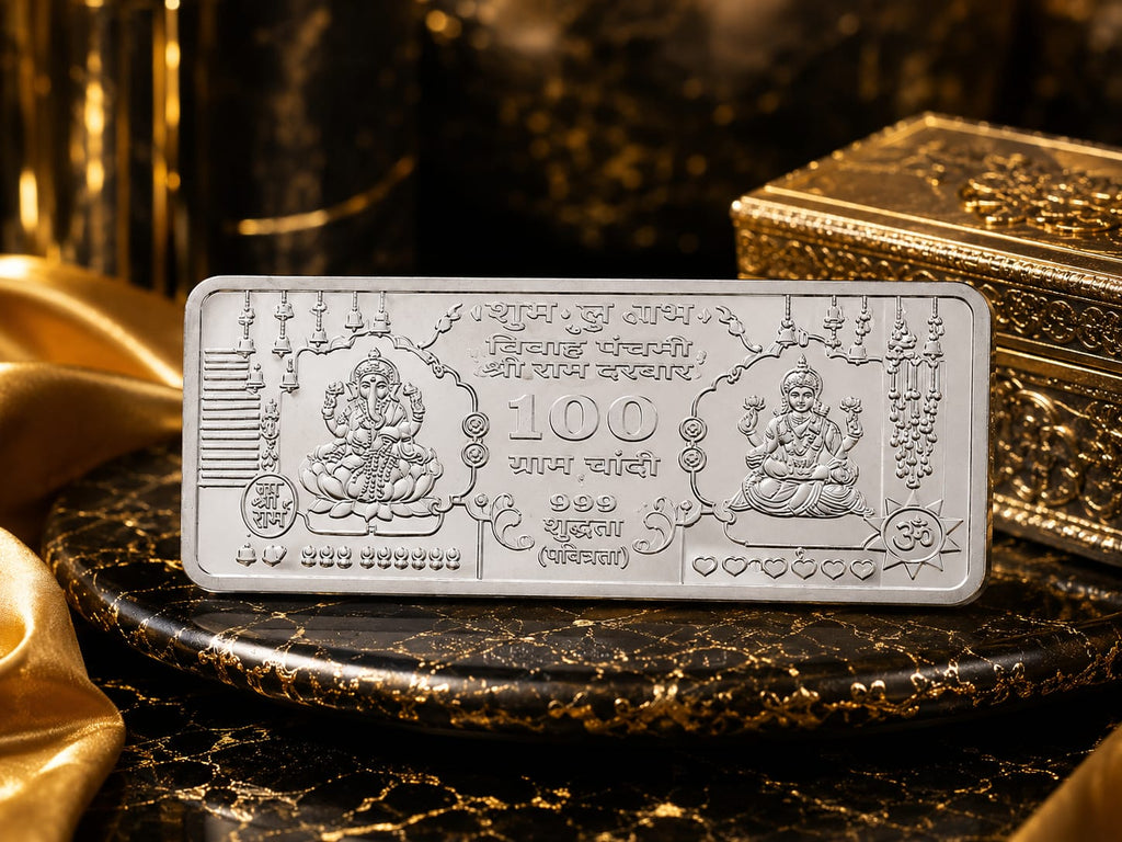 Kritharth Jewels 100 Gram 999 Pure Silver Lakshmi Ganesha Bar