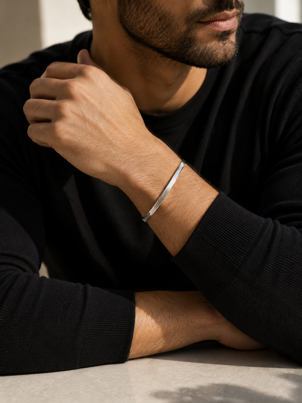 925 Sterling Silver Textured Minimalist Kada Bracelet for Men