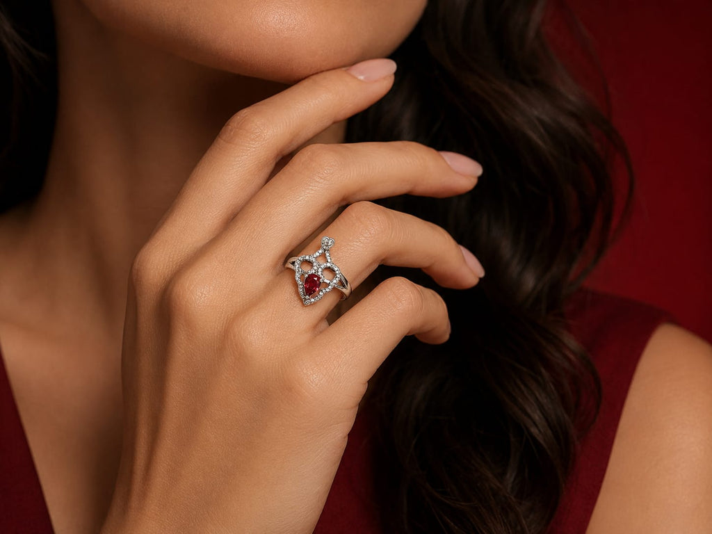 Ruby Heart Crown Ring – Silver Crystal Statement Ring