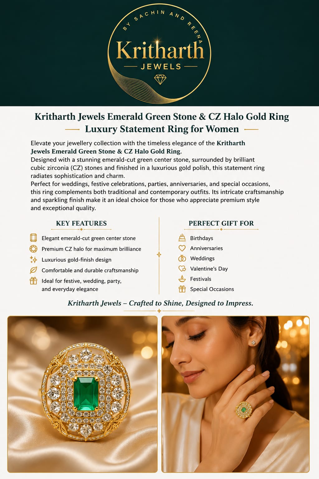 18K Gold Emerald Halo Statement Ring for  Women