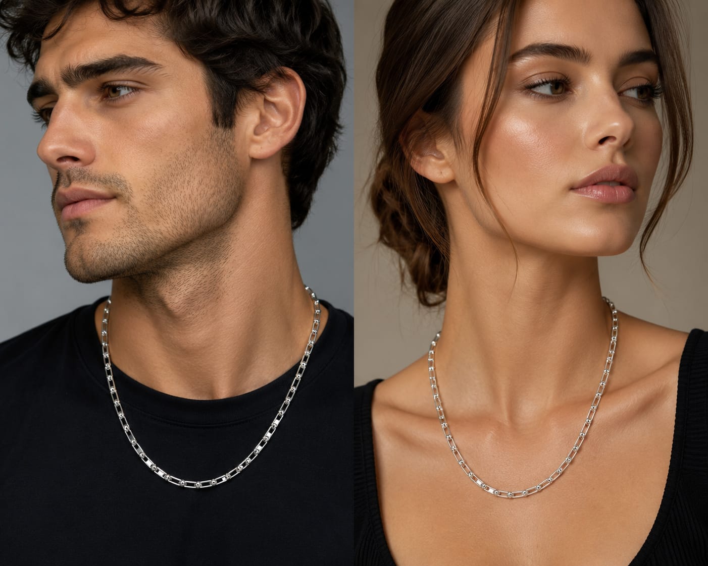Silver Beaded Link Chain Necklace – Elegant Unisex Fashion Chain