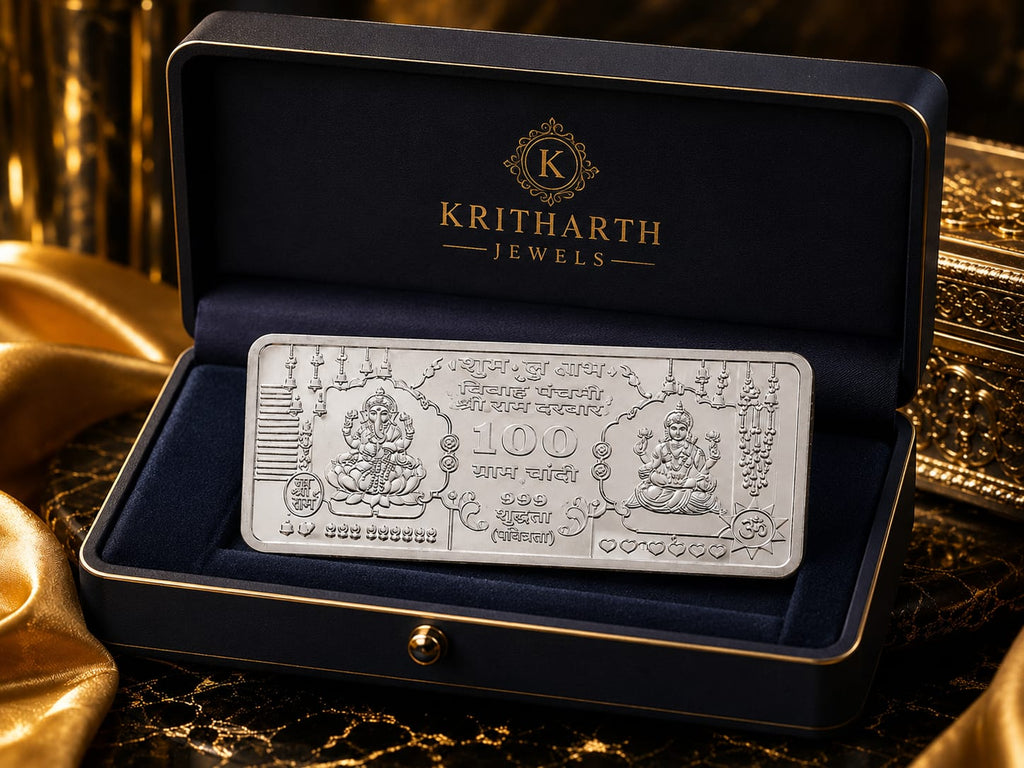 Kritharth Jewels 100 Gram 999 Pure Silver Lakshmi Ganesha Bar